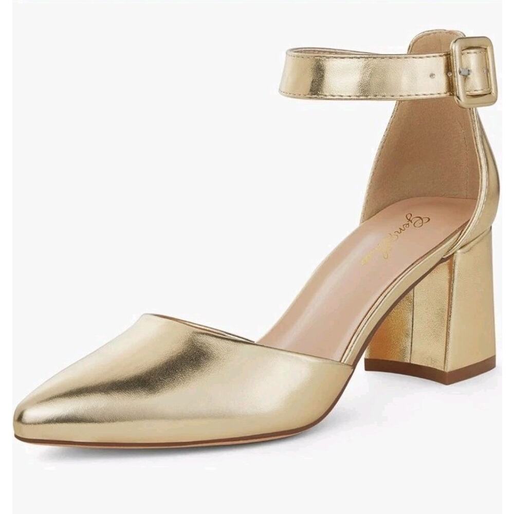 Chunky Heels Pointed Toe 2 Inch Pumps with Ankle Strap Comfortable Dress...